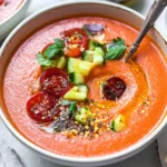 Fresh Tomato Gazpacho with Cucumber Served in a Bowl