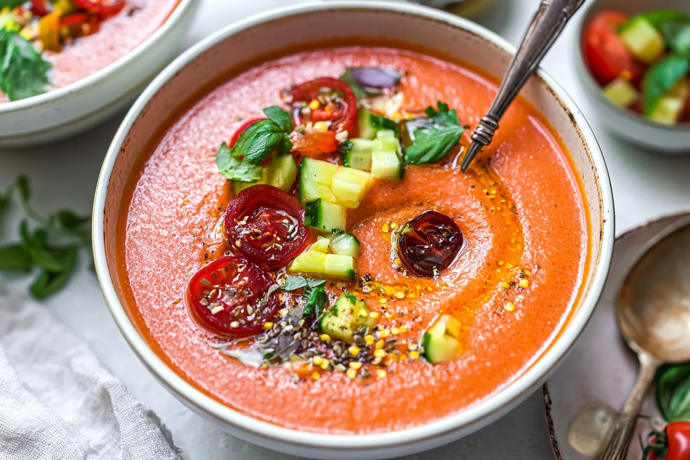Fresh Tomato Gazpacho with Cucumber Served in a Bowl