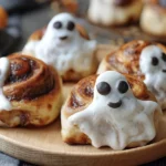 Ghost Cinnamon Rolls on a Halloween-themed platter