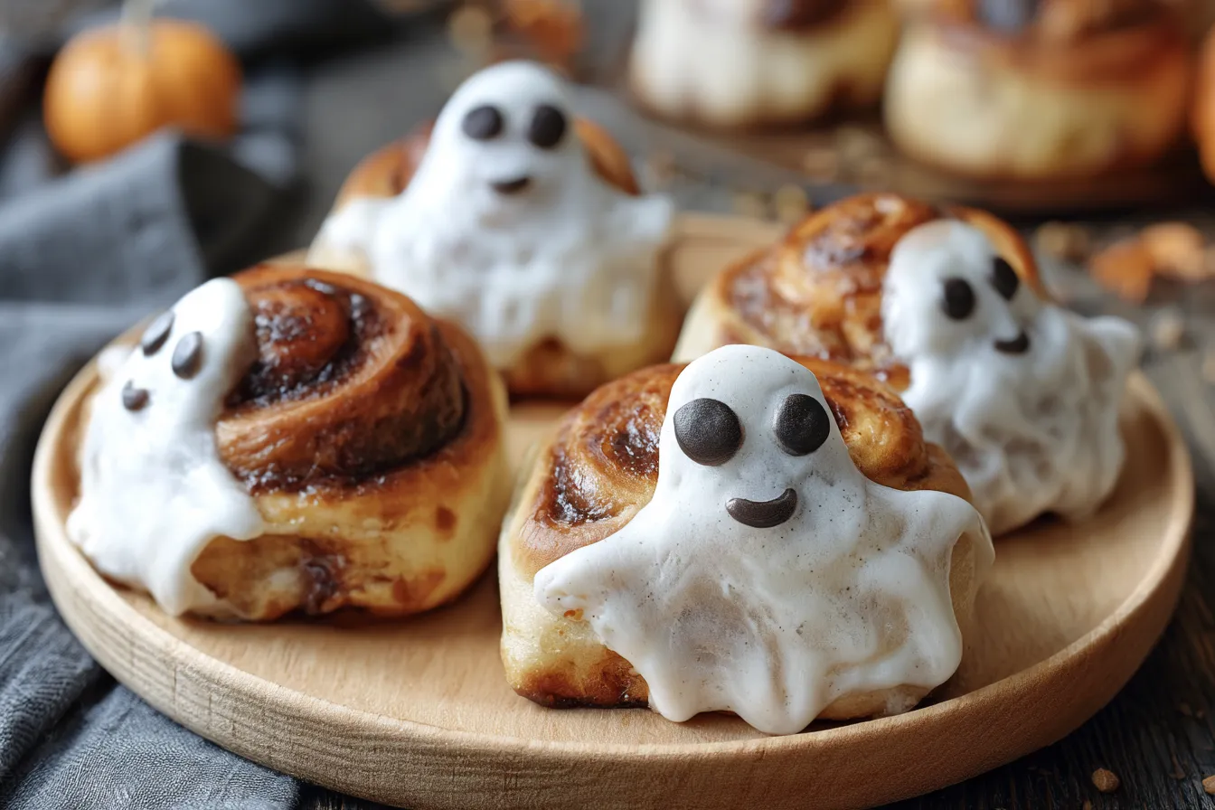 Ghost Cinnamon Rolls on a Halloween-themed platter