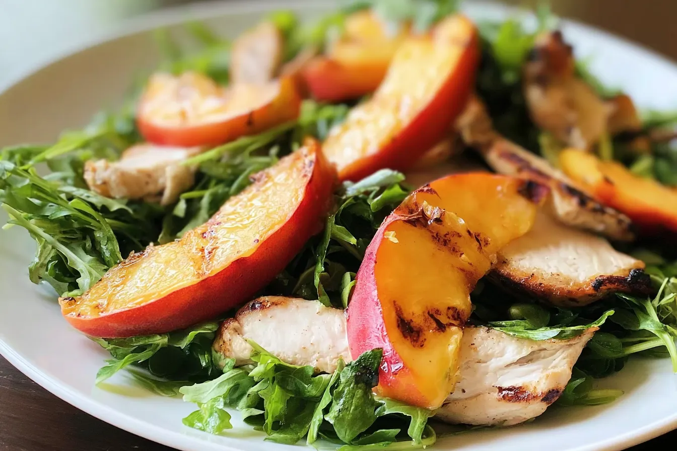 Grilled Chicken, Peach, and Arugula Salad Plated