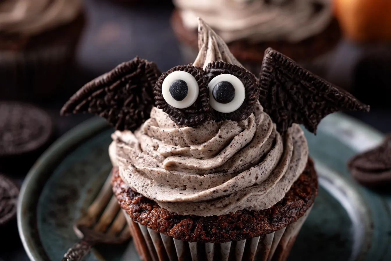 Halloween Bats Oreo Cupcakes with Cookies and Cream Frosting 