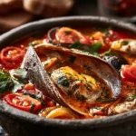 Healthy Mediterranean Fish Soup Garnished with Fresh Herbs