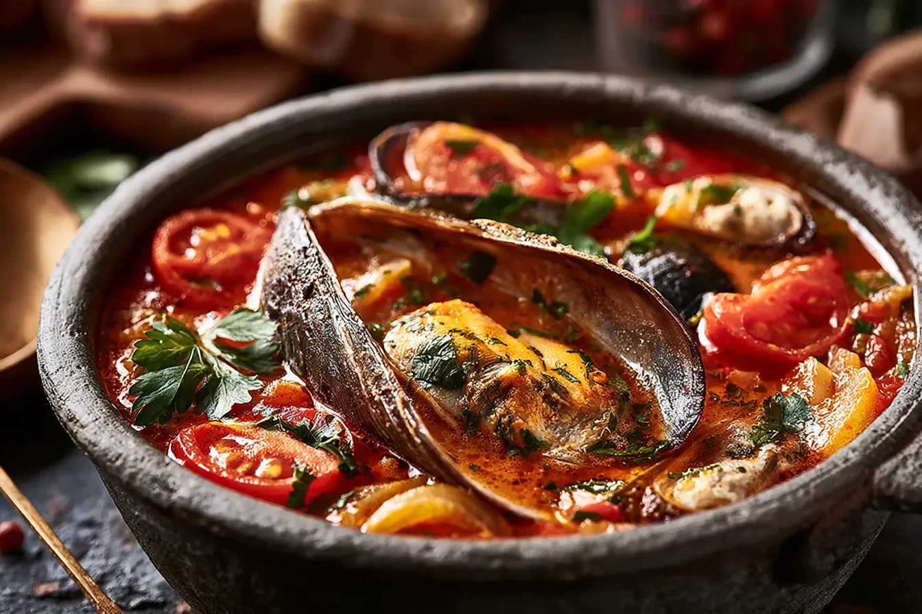 Healthy Mediterranean Fish Soup Garnished with Fresh Herbs