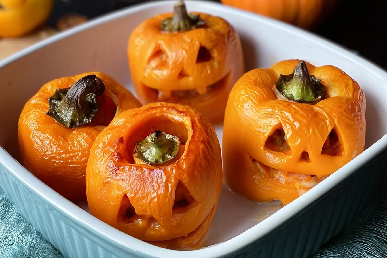 Jack-o'-Lantern Stuffed Peppers Ready for Halloween