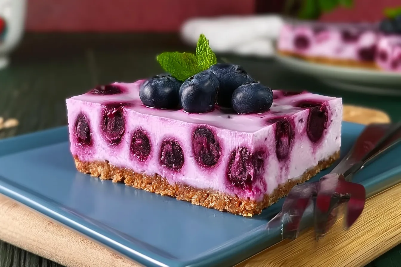 No-Bake Blueberry Cheesecake Slices on a Plate