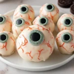 Oreo Ball Eyeball Halloween Truffle on a Festive Plate