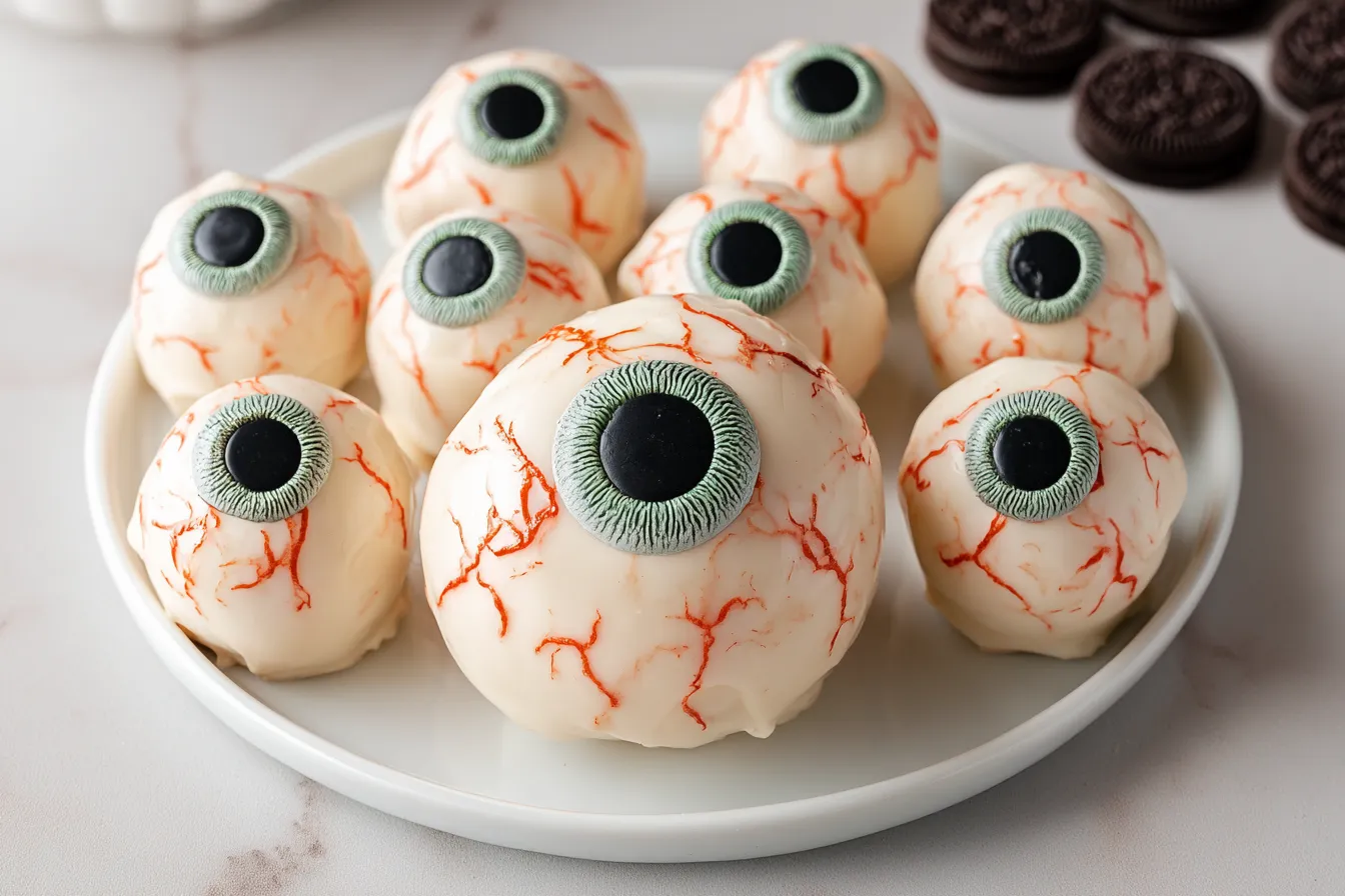 Oreo Ball Eyeball Halloween Truffle on a Festive Plate