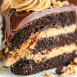 Peanut Butter Chocolate Layer Cake Sliced and Served