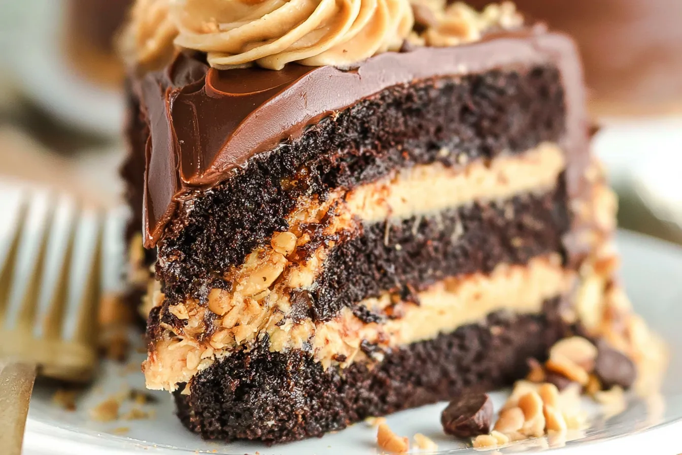 Peanut Butter Chocolate Layer Cake Sliced and Served