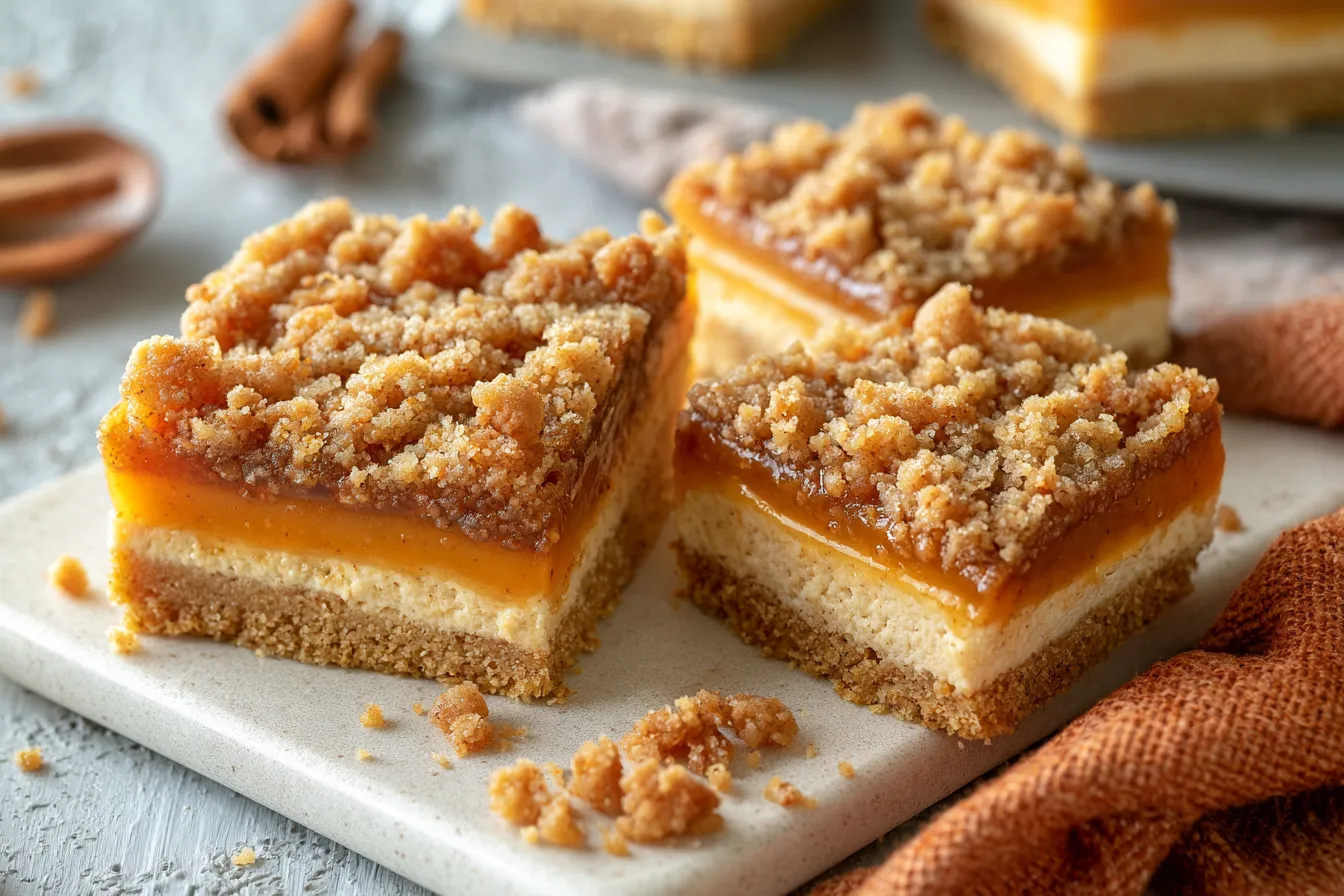 Pumpkin Caramel Cheesecake Bars with Streusel in a Fall Setting