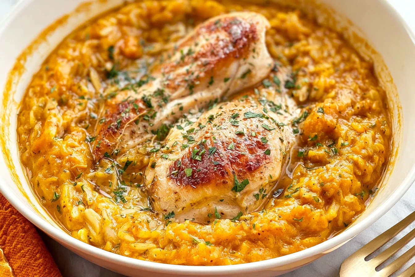 Pumpkin White Wine Orzo with Chicken - Cozy Fall Comfort Food