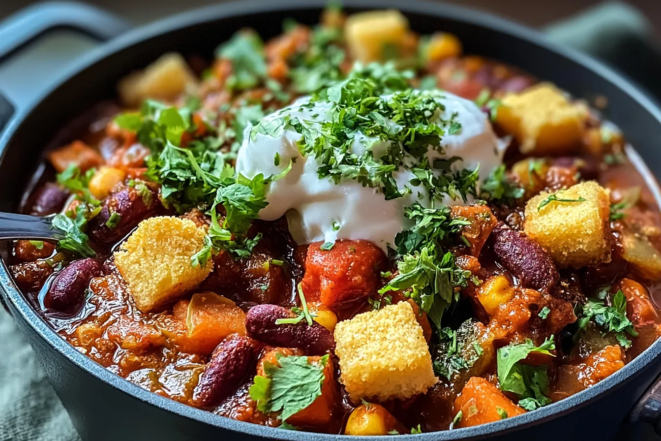 Delicious Skillet Vegetarian Chili with Cornbread Croutons