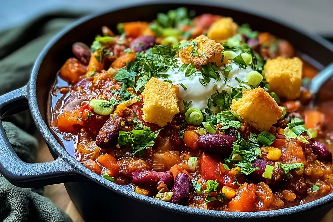 Skillet Vegetarian Chili with Cornbread Croutons: A Cozy Delight 4 Skillet Vegetarian Chili with Cornbread Croutons