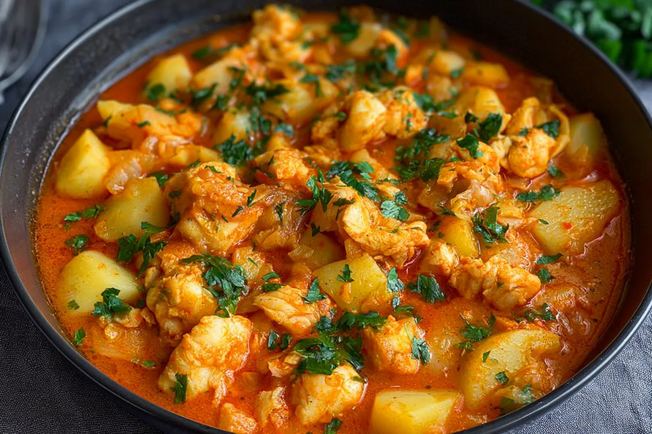 Spanish Fish Stew with Potatoes in a Rustic Bowl