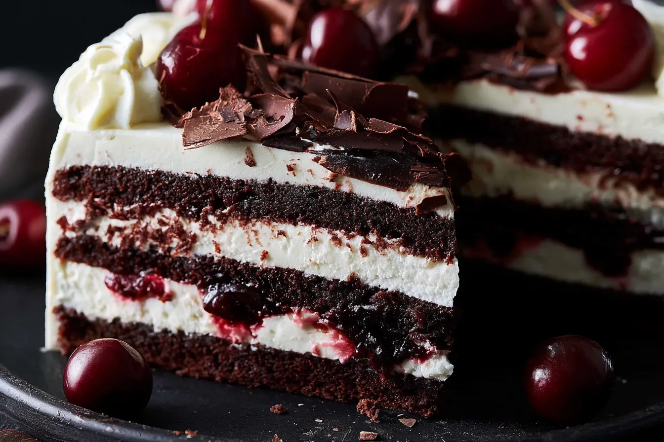 Slice of Traditional Black Forest Cake with Cherries