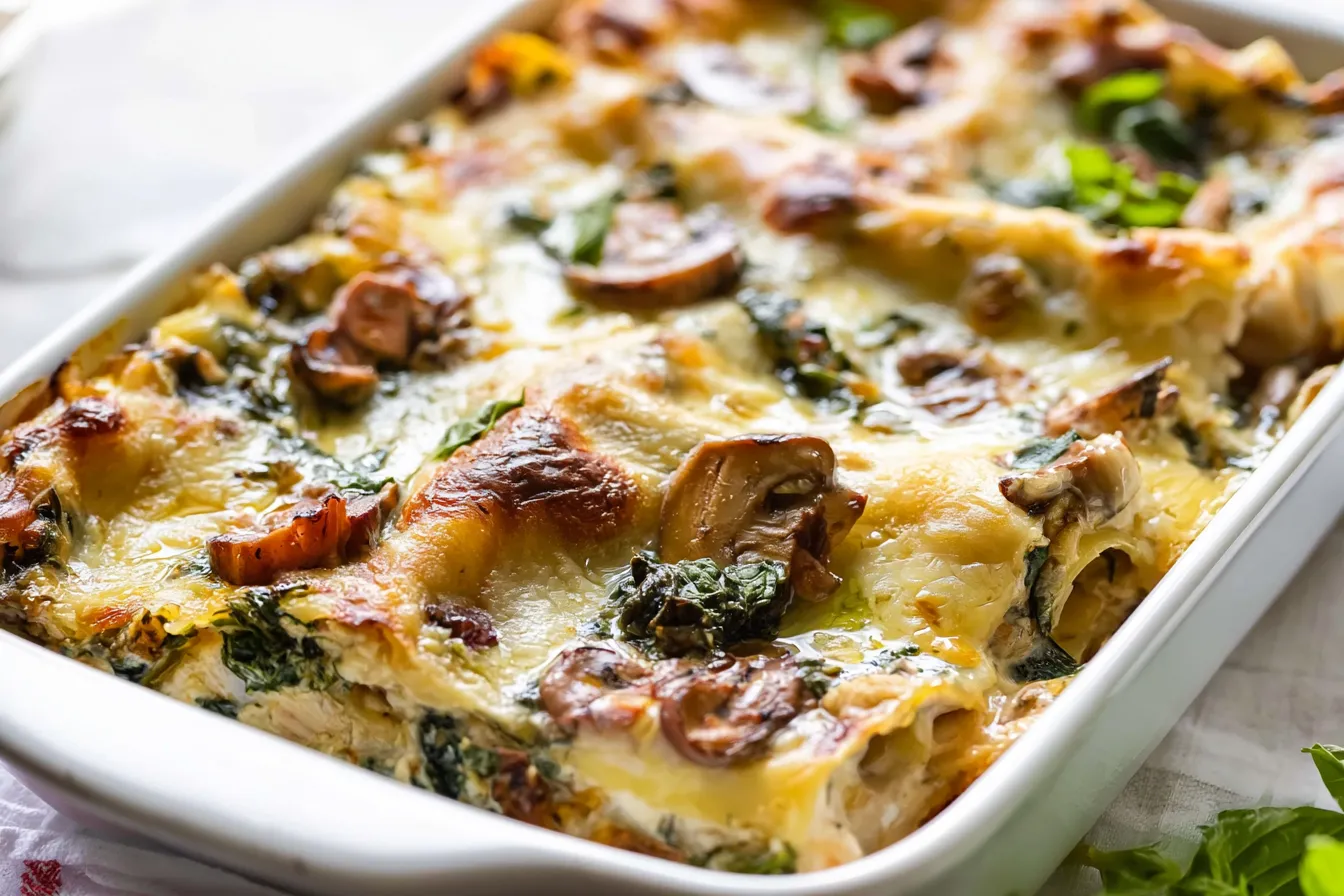 Creamy White Chicken Lasagna with Spinach and Mushrooms