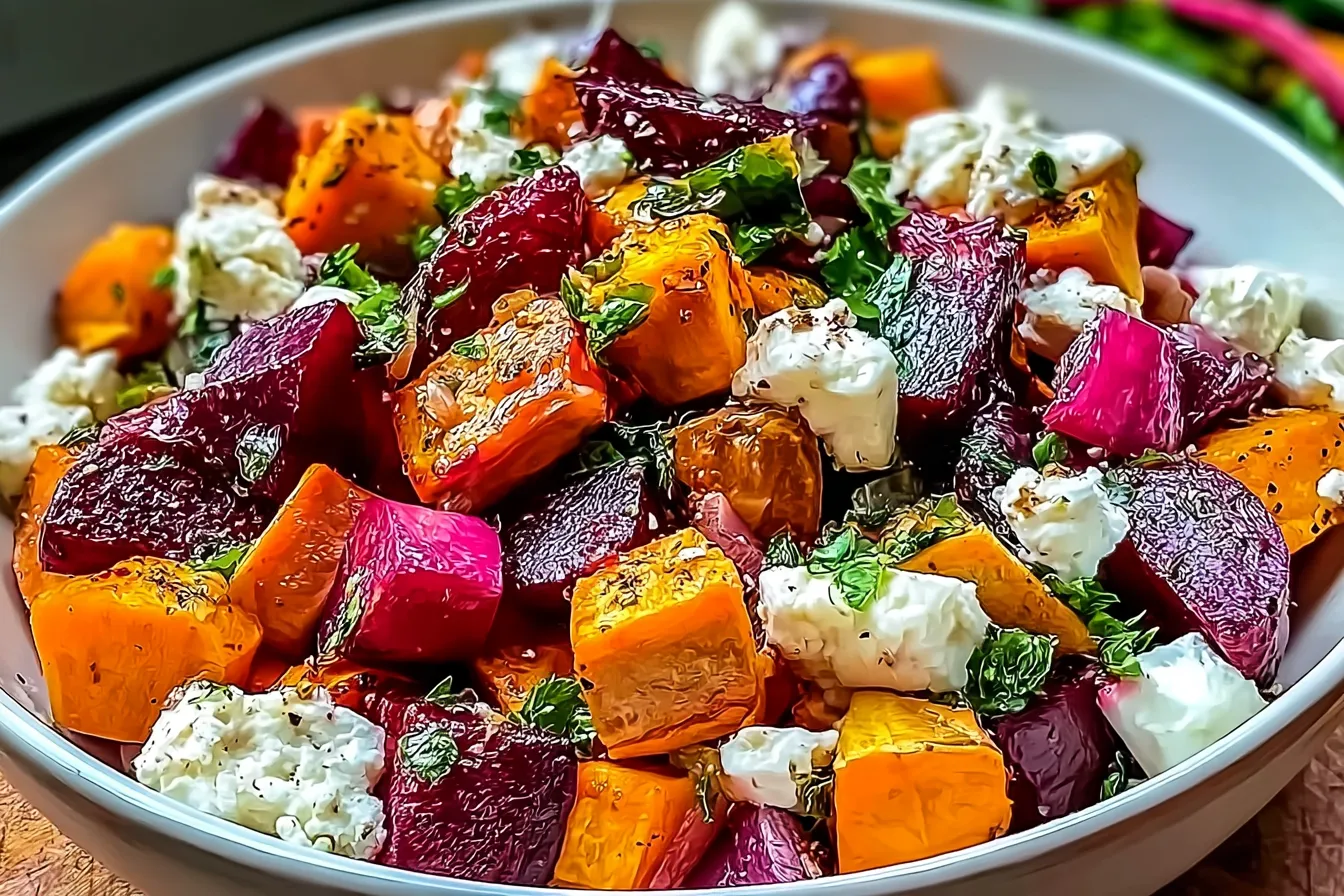 Autumn Glow Salad with Beets, Sweet Potatoes & Feta in a bowl