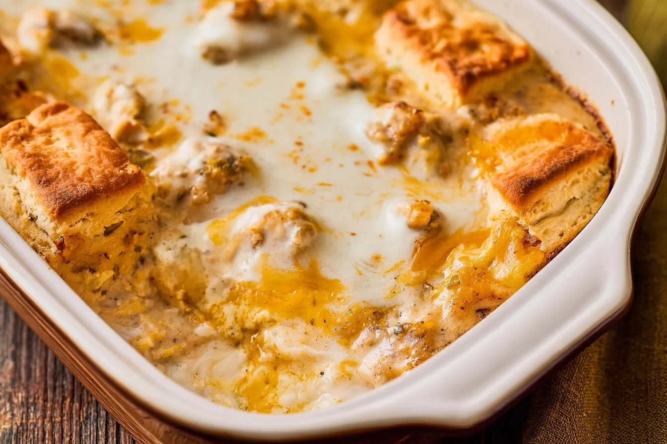 Biscuits and Gravy Breakfast Casserole Freshly Baked