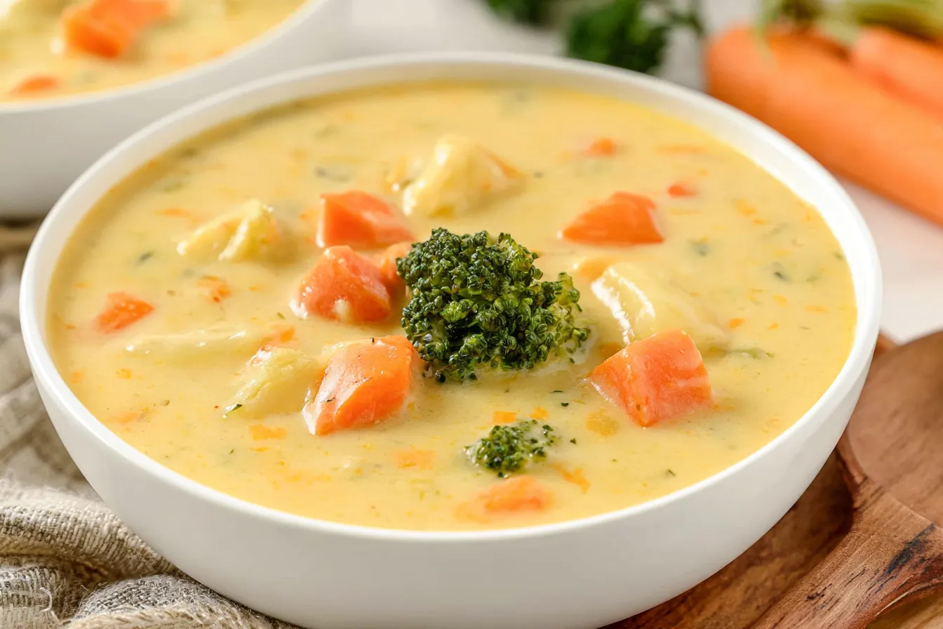 Bowl of Creamy Vegetable Soup Topped with Fresh Herbs