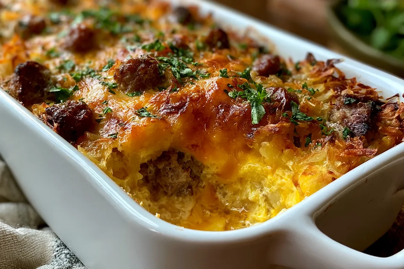 Farmers Breakfast Casserole with Crispy Hash Browns and Sausage