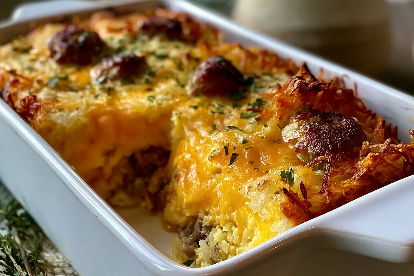 farmers breakfast casserole with Crispy Hash Browns and Sausage 