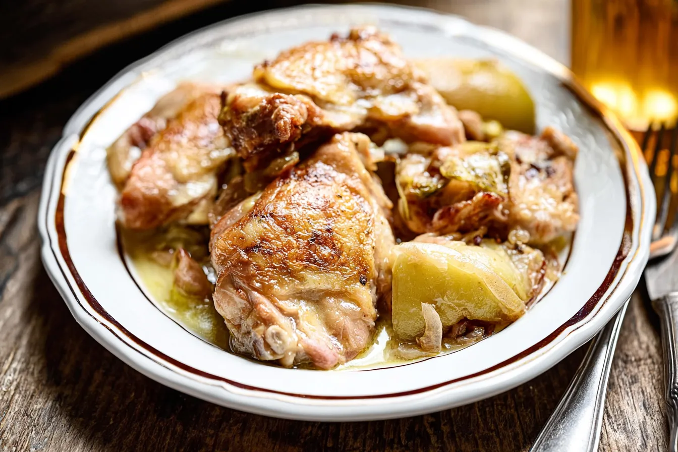 French Chicken Casserole a la Normande Served with Fresh Herbs