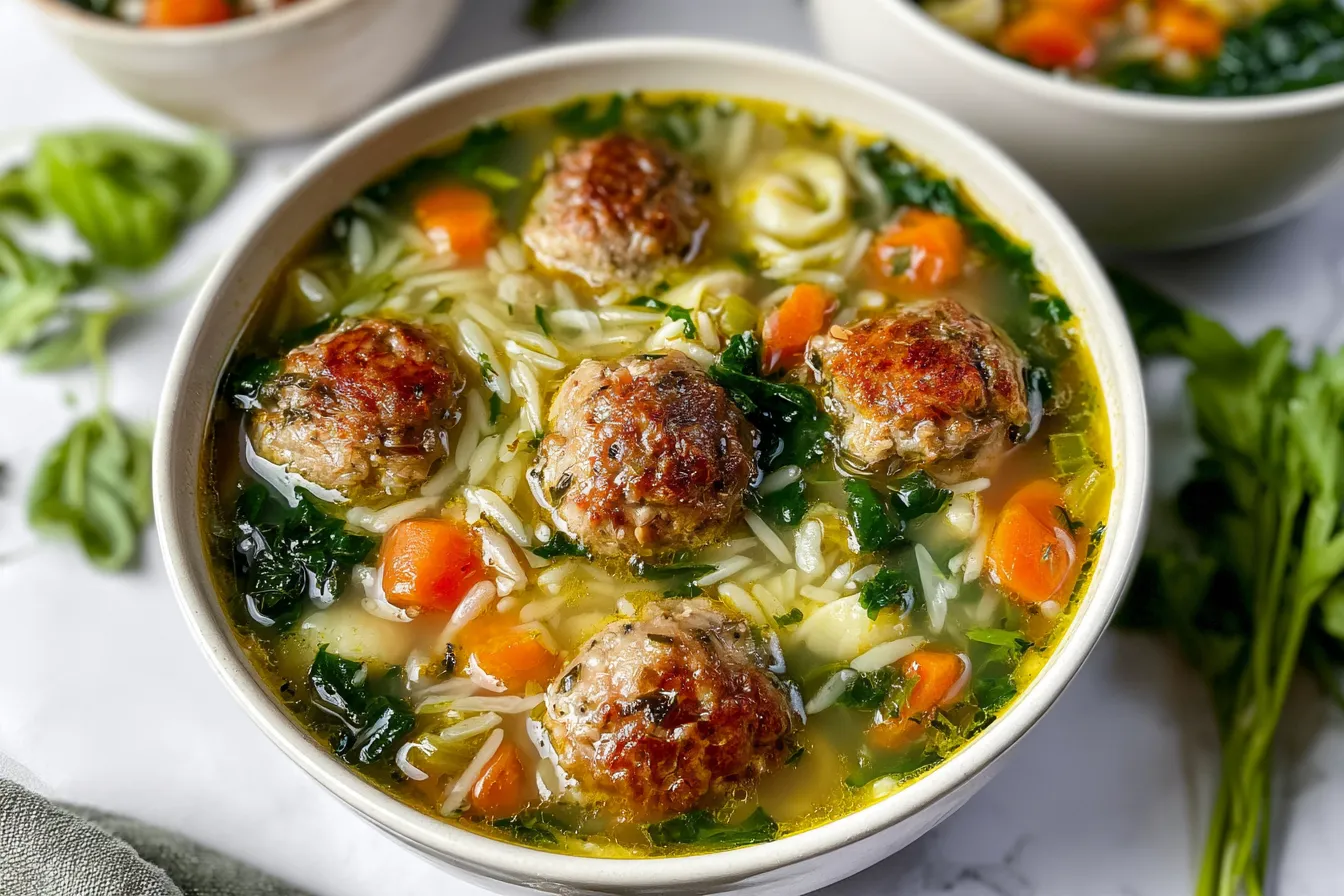 Bowl of Italian Wedding Soup with Fresh Herbs