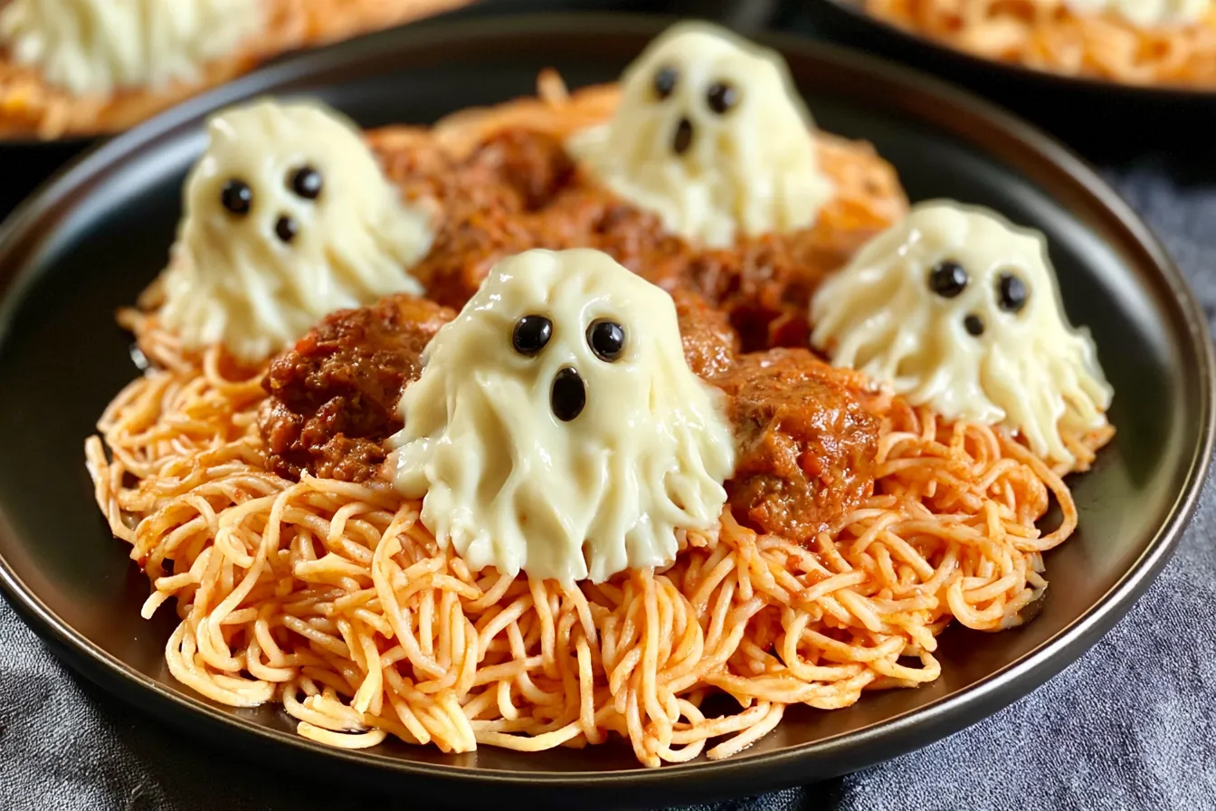 Spaghetti And Ghost Meatballs on a Spooky Platter