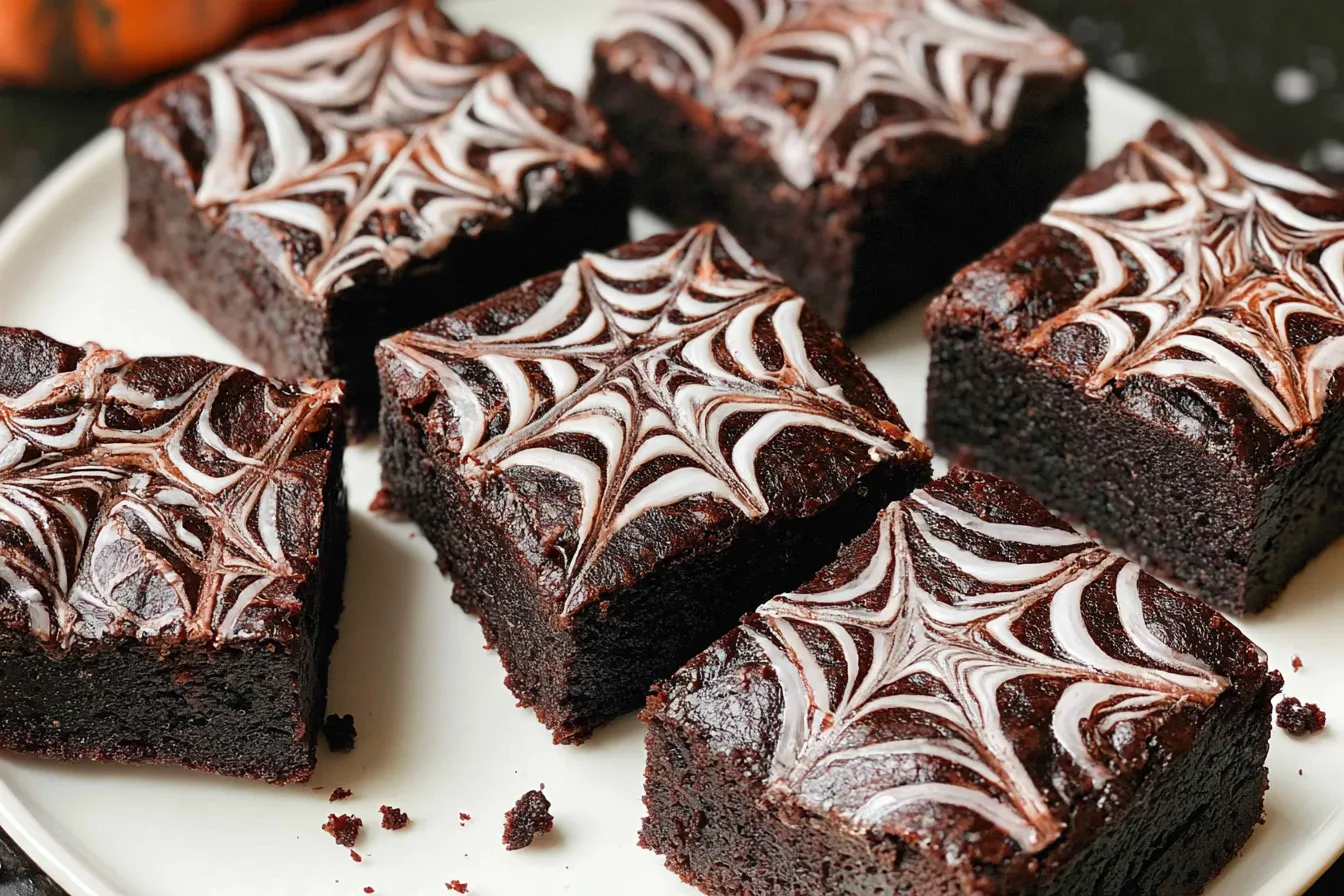 Spiderweb Brownies on a spooky platter