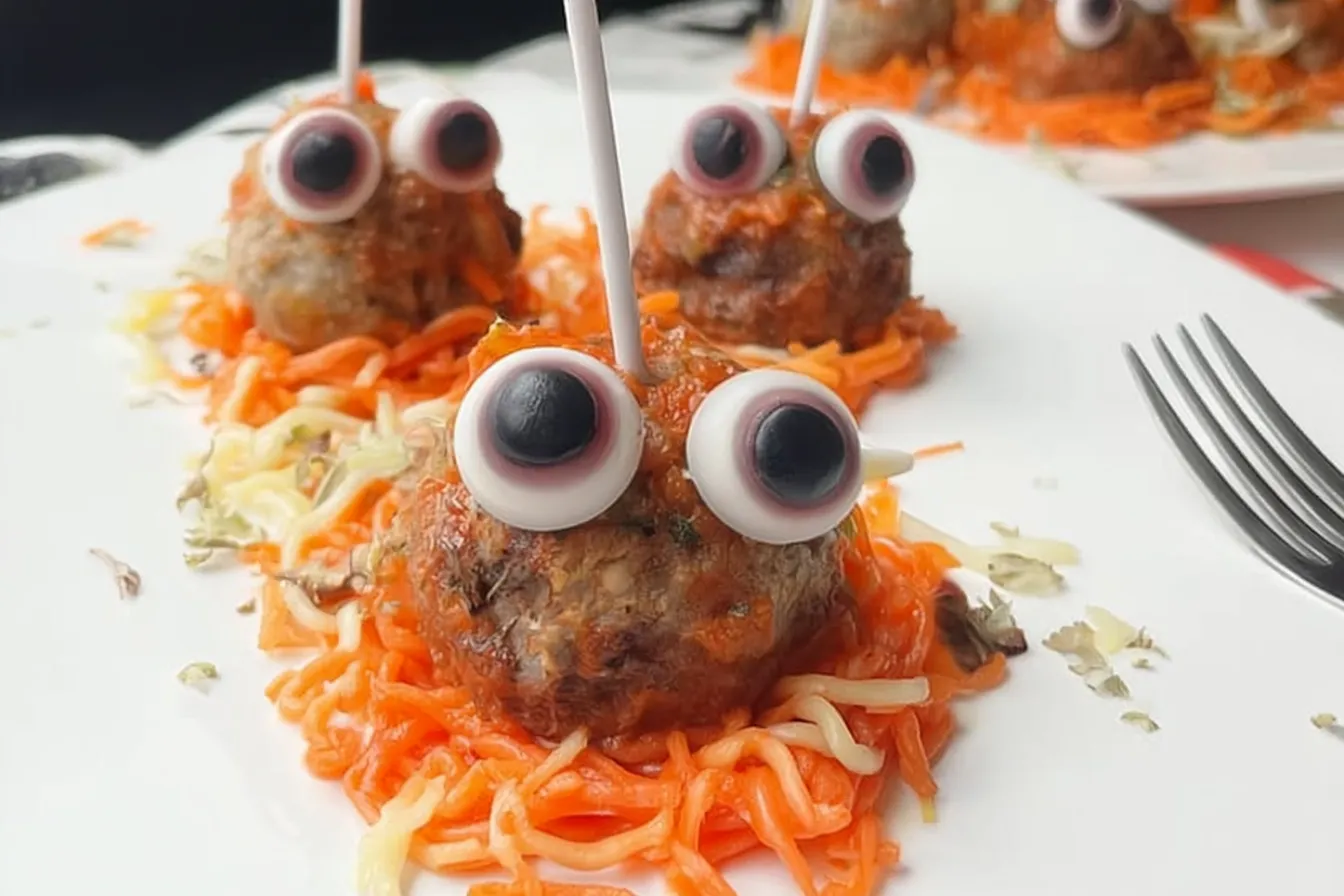 Zombie Eyes (Halloween Meatballs) on a Spooky Platter